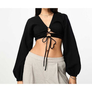 ASOS Women's Black Long Sleeve Crinkle Lace Up Lattice Crop Bead Accent 12 NWOT